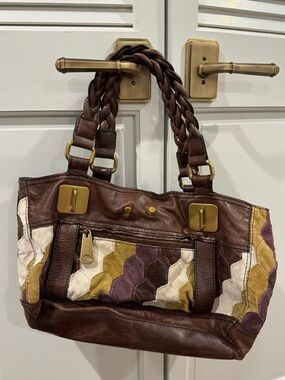 Fossil Brown Leather Patchwork Shoulder Bag with Cream, Mustard & Plum Accents